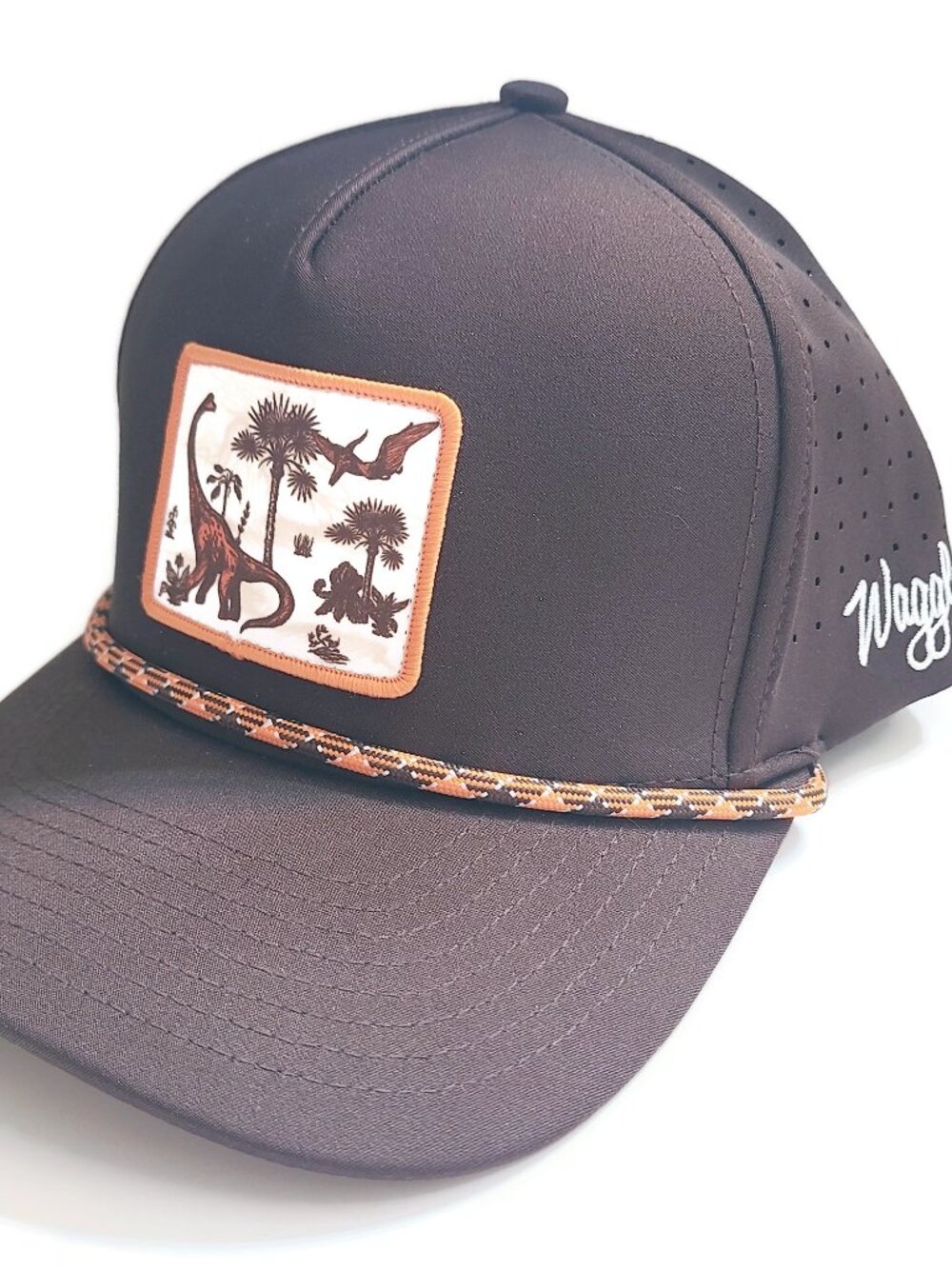 Waggle Golf Land Before Golf Snapback Hat Brown Dinosaur Patch Braided Rope Cap